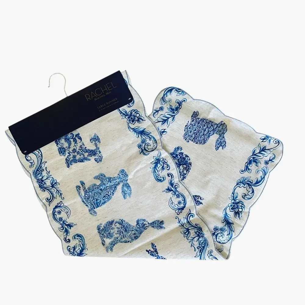 RACHEL ROY Blue Bunny Rabbit TOILE Easter Table Runner 14x90 New